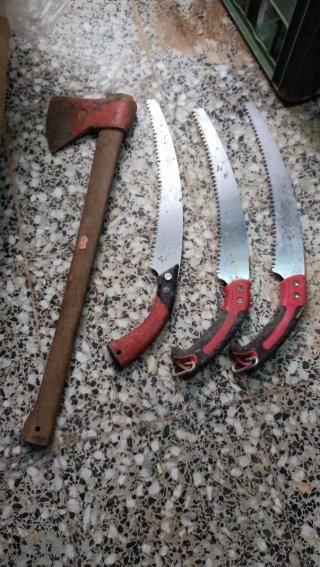 Hacha y 3 serruchos de poda
