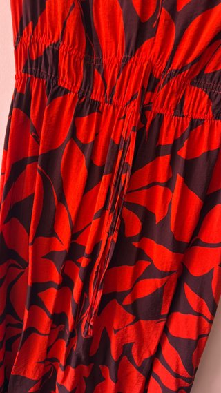 Vestido Mango Estampado Hojas Rojo