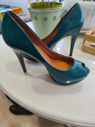 Zapatos tacón peep toe verde azulado