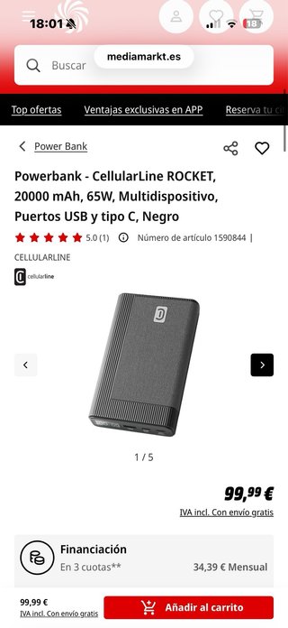 Power Bank CellularLine ROCKET 20000 mAh 65W