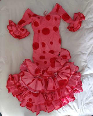Traje Flamenca Coral Lunares Cinta Rojos
