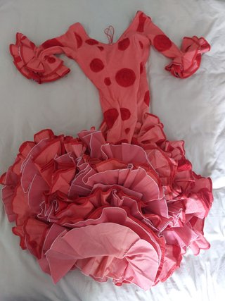 Traje Flamenca Coral Lunares Cinta Rojos