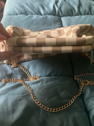 Bolso cartera cuadros beige y marrón