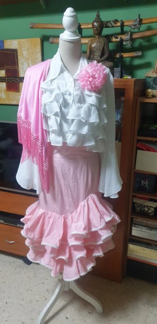 Conjunto Flamenco Mujer Blanco y Rosa