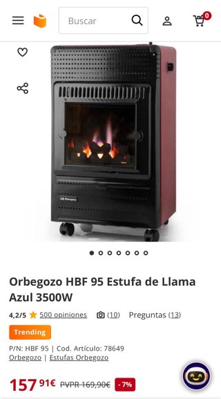 Estufa de gas Orbegozo llama azul