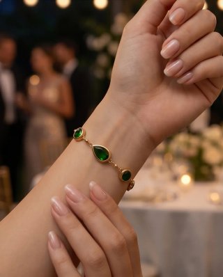 Pulsera Acero Dorado con Piedras Verdes