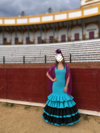 Vestido Flamenco Azul Turquesa y Negro