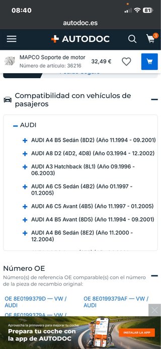 Soporte Motor MAPCO 36216 Izquierdo Audi