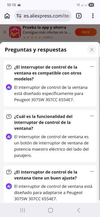 Botonera Elevalunas Peugeot 307 lado derecho.