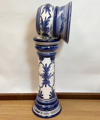 Jardinera Pedestal Cerámica Azul y Blanco