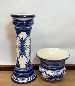 Jardinera Pedestal Cerámica Azul y Blanco