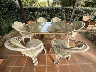 Tavolo da giardino in rattan e 6 sedie in cristallo