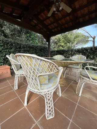 Tavolo da giardino in rattan e 6 sedie in cristallo
