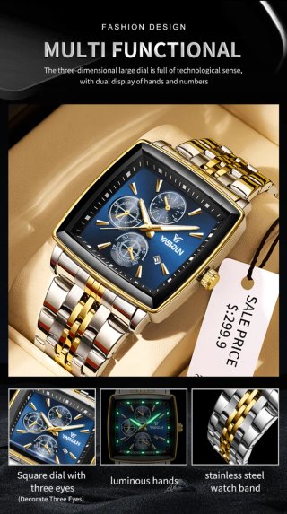 Reloj YASHUN Hombre Esfera Azul y Detalles Dorados