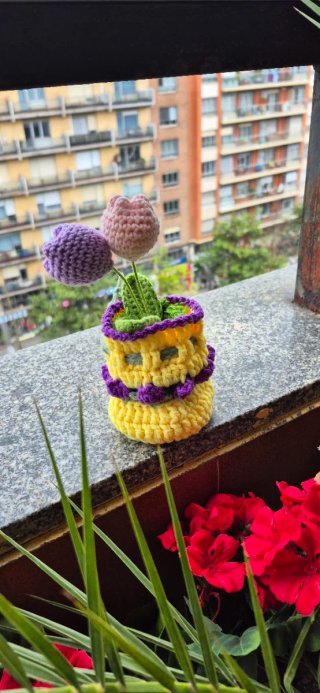 Tulipanes y maceta de crochet rosa y morado.