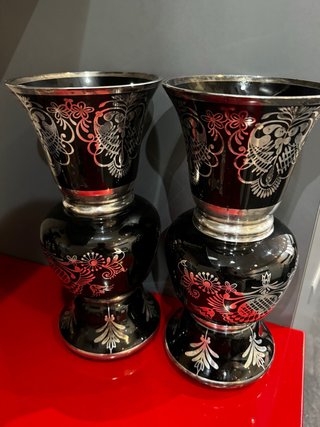2 Jarrones Cristal Negro y Plata