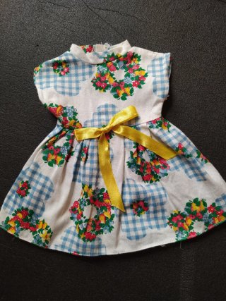 Vestido Muñeca Antiguo Flores Cuadros Azul