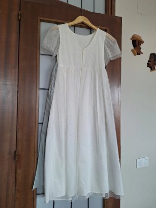 Vestido blanco comunión lazo azul-gris