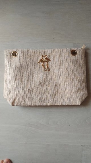 Bolso de paja beige con monedero y adorno
