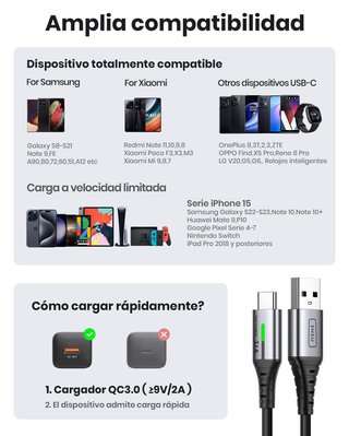 Cable USB A USB C 2m QC 3 3,1A