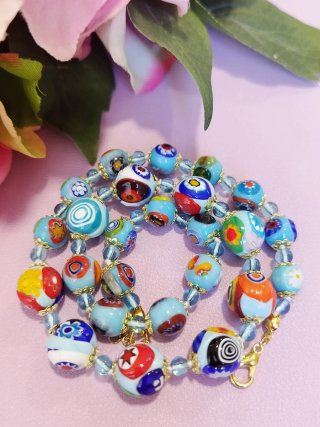 Collana Millefiori Celeste Lunga 43+5cm