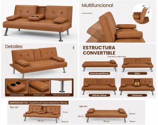 Sofá Cama Piel Sintética Marrón