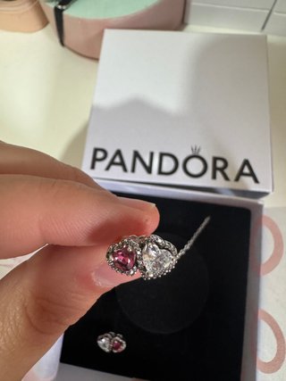 Conjunto Pandora Corazón Doble Rosa y Plata