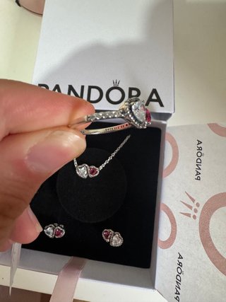 Conjunto Pandora Corazón Doble Rosa y Plata