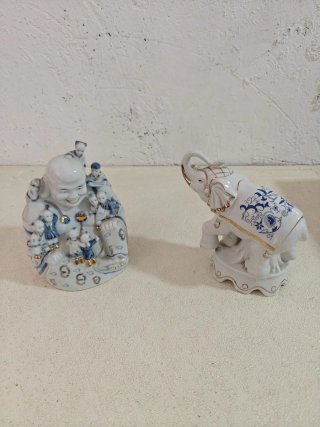 Figuras Buda y Elefante Porcelana Azul y Oro