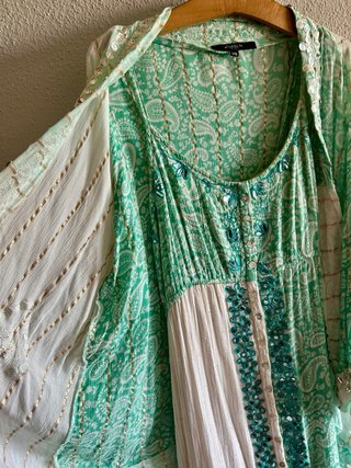 Vestido largo de tirantes hippie, chaqueta a juego