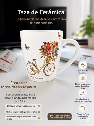 Taza de cerámica con flores y bicicleta