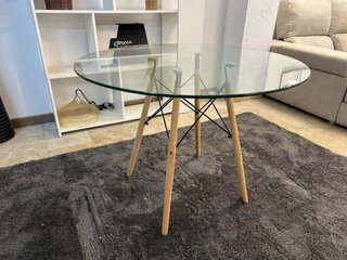 Mesa redonda cristal + 4 sillas negras