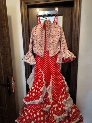 Traje Flamenca Rojo Lunares Blancos Talla XS