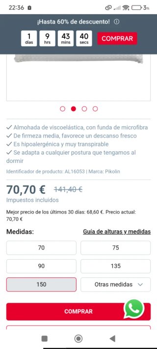 Almohada Pikolin Visco 150 cm