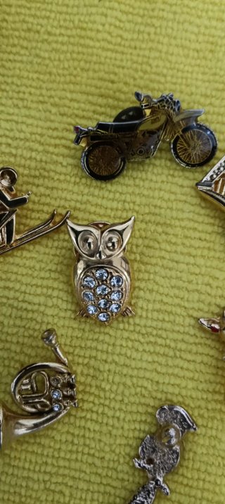 Lote de pins vintage: moto, arpa, búho