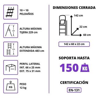 Escalera telescópica 10+10 peldaños aluminio