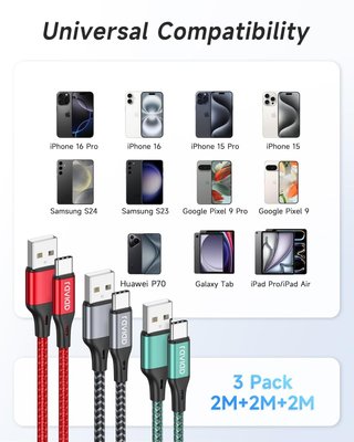 RAVIAD Cable USB C [3Pack 2M] Cable USB C Carga Rapida 3A Carga Rápida