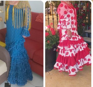 Trajes de flamenca azules y rojos