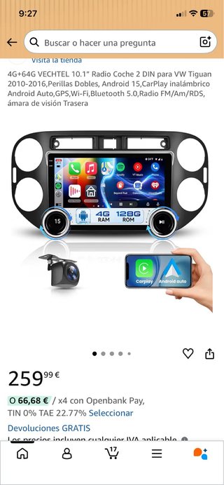 Pantalla 10.1 VW Tiguan 2010-2016 4-64GB