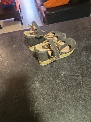 Sandalias de verano tacon alto tela y esparto