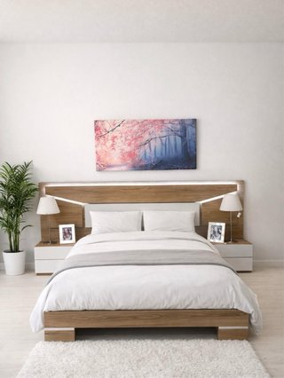 Cabecero iluminado + bancada madera para cama 150