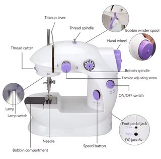 Mini máquina de coser doméstica blanca y morada