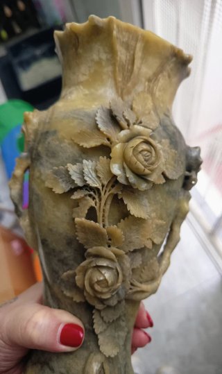 Jarrón Chino Piedra Tallada Flores