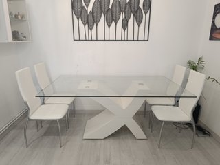 Mesa Comedor Cristal Pie Blanco Lacado