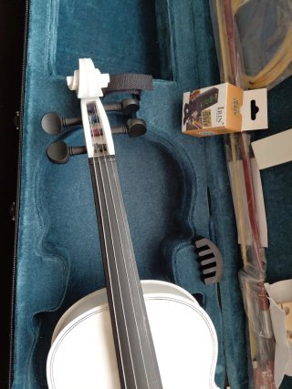 Violín blanco con arco y funda