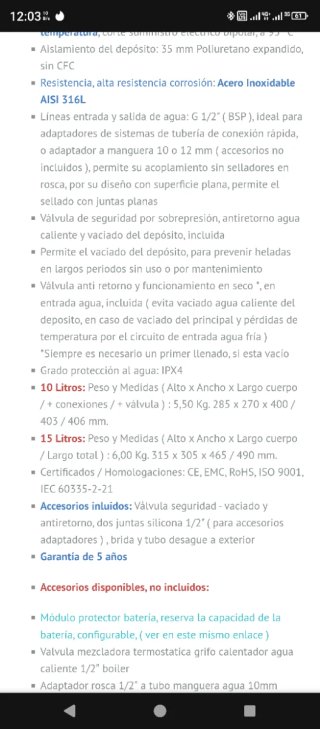 Calentador Agua 10L Autocaravana