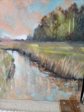 Cuadro al óleo paisaje río y bosque