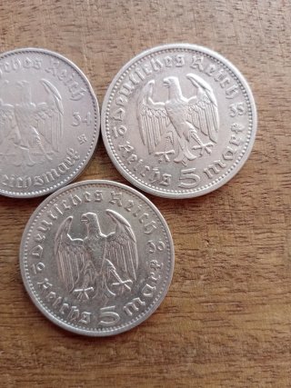 3 Monedas Alemanas 5 Reichsmark Plata