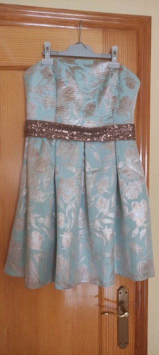 Vestido fiesta corto dorado y verde agua