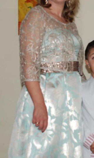 Vestido fiesta corto dorado y verde agua